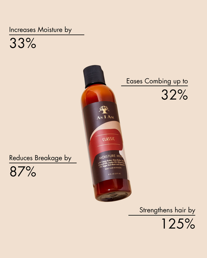 Bouteille de shampoing avec texte sur les avantages sur fond beige