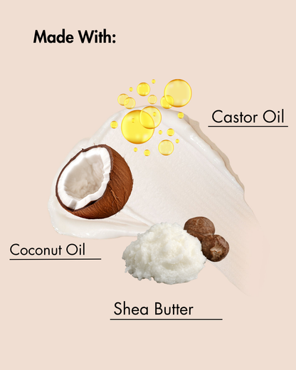 Ingrédients utilisés dans un produit, notamment l'huile de coco, le beurre de karité et l'huile de ricin, sur un fond beige.
