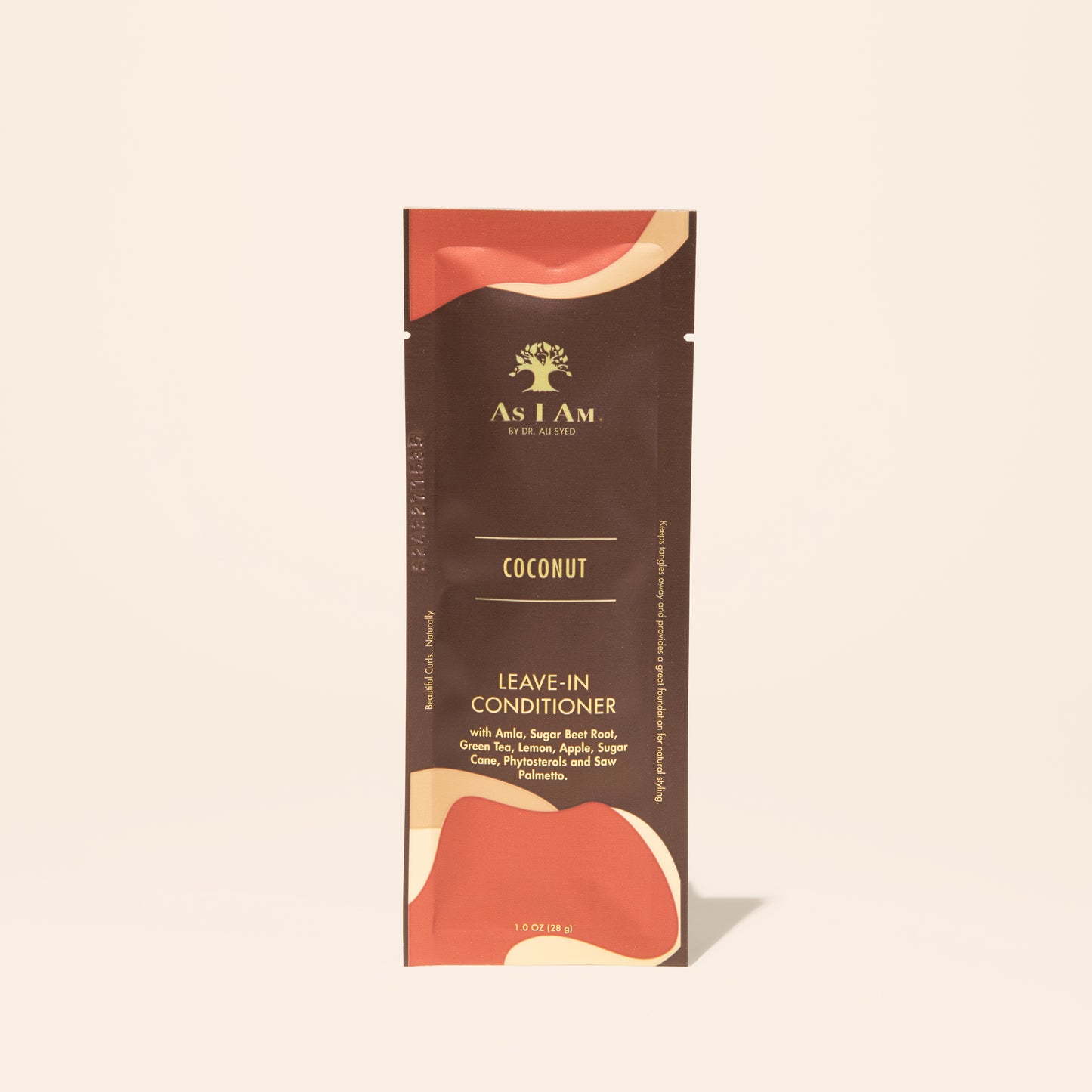 AS I AM Leave-In Conditioner en sachet de 1 oz, avec une texture légère et crémeuse, conçue pour lisser la cuticule, hydrater, faciliter le démêlage et préparer les cheveux texturés au coiffage tout en favorisant la brillance et la maniabilité.