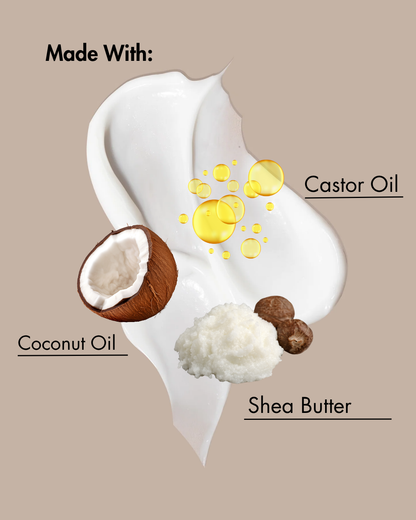 Illustration d'un produit de soin pour la peau contenant de l'huile de coco, du beurre de karité et de l'huile de ricin, étiquetés sur un fond beige.