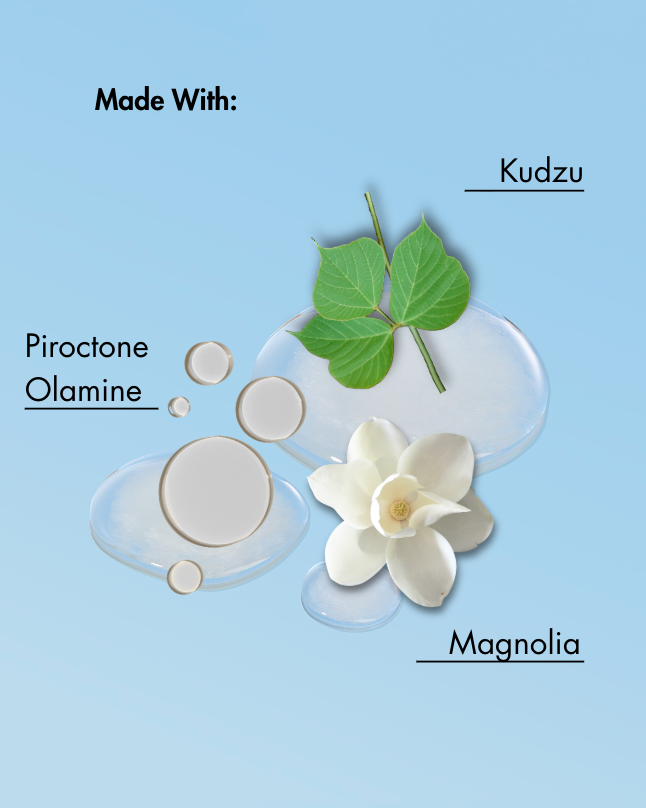 Ingrédients du produit affichés sur un fond bleu clair avec du kudzu, de la piroctone olamine et du magnolia.
