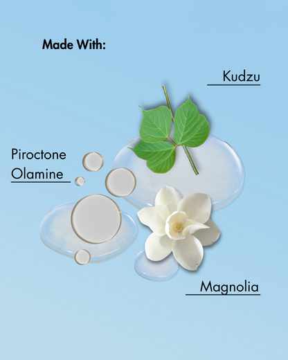 Ingrédients du produit affichés sur un fond bleu clair avec du kudzu, de la piroctone olamine et du magnolia.