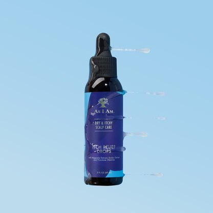 Flacon de gouttes anti-démangeaisons « As I Am » sur fond bleu clair