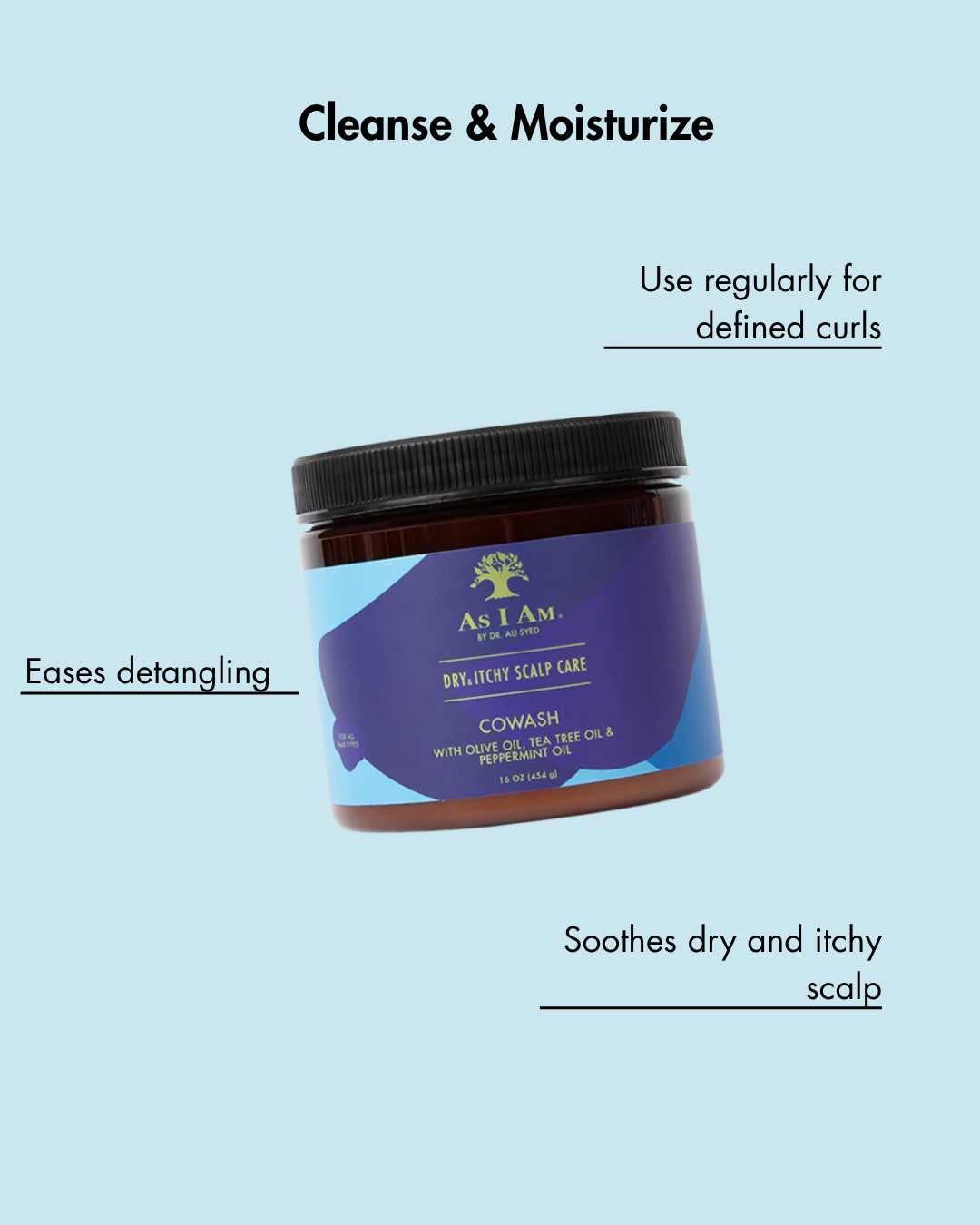 Pot de produit capillaire As I Am sur fond bleu clair avec texte sur ses bienfaits.
