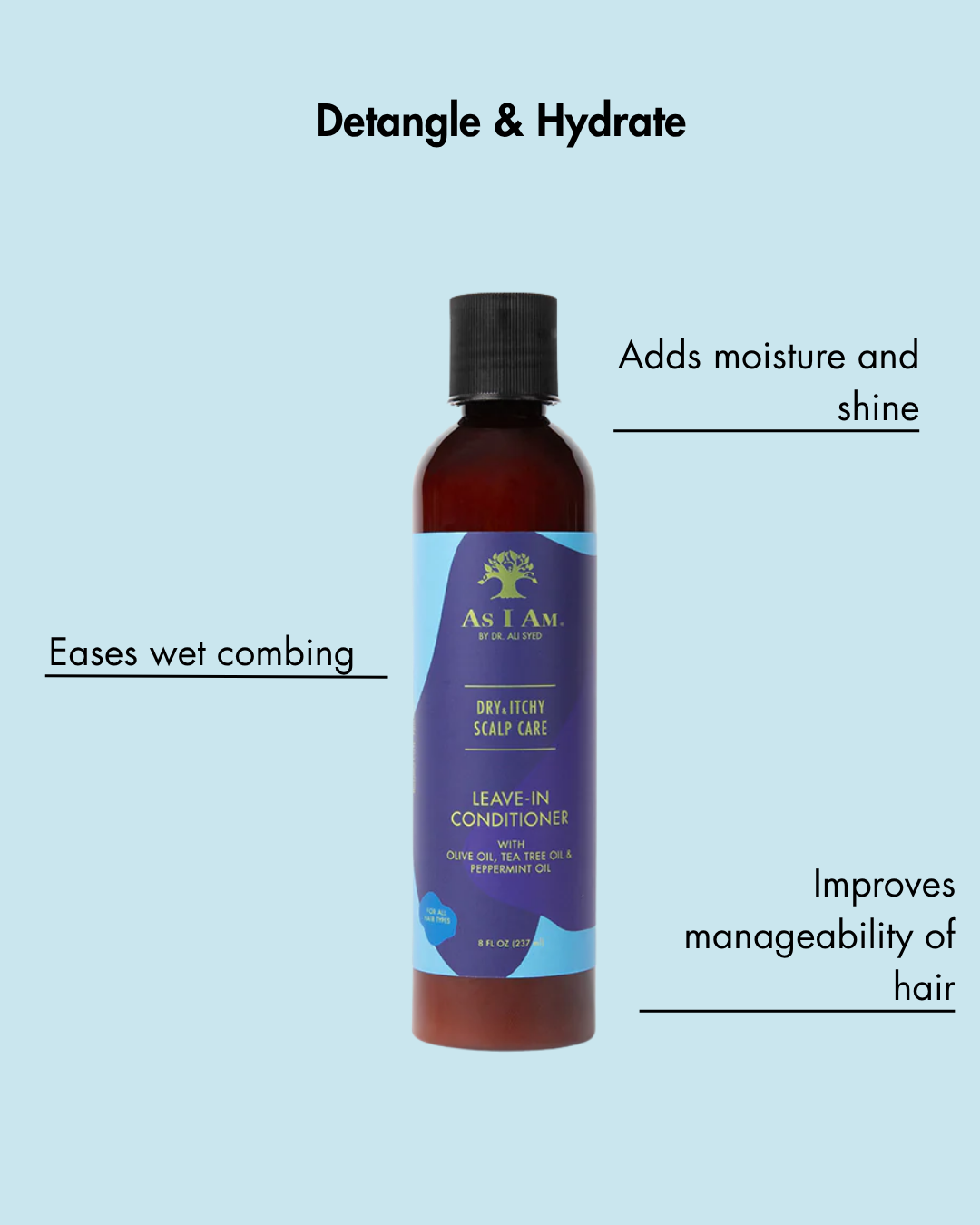 Bouteille de conditionneur sans rinçage avec texte sur fond bleu clair