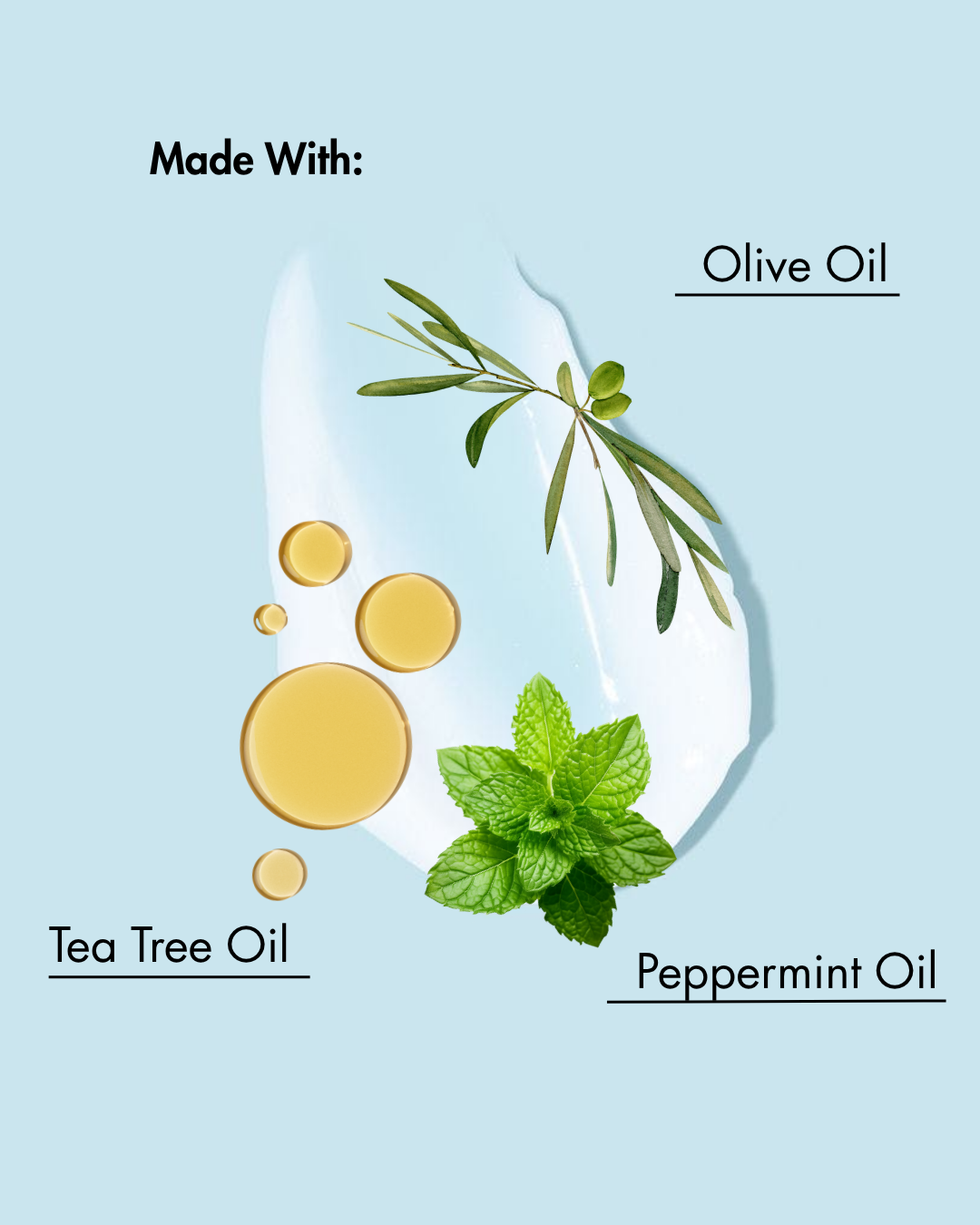 Ingrédients utilisés dans un produit sur un fond bleu clair avec l'huile d'olive, l'huile d'arbre à thé et l'huile de menthe poivrée représentées.