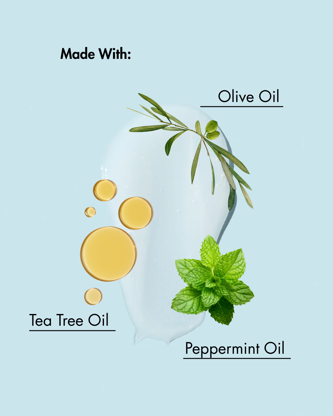 Ingrédients utilisés dans un produit sur un fond bleu clair avec l'huile d'olive, l'huile d'arbre à thé et l'huile de menthe poivrée représentées.