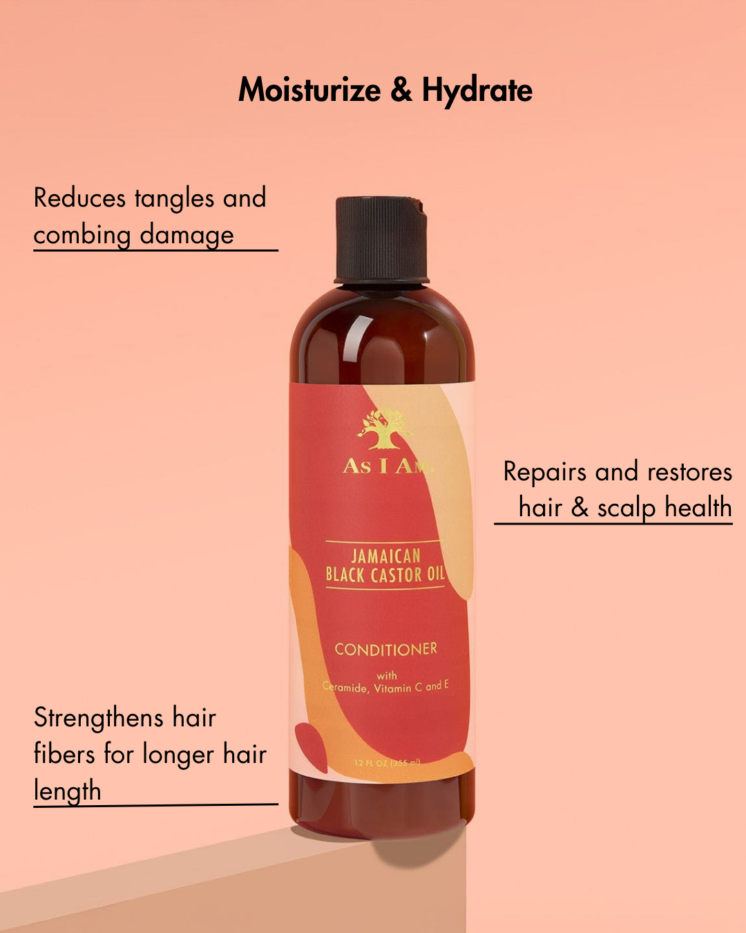 Bouteille d'après-shampoing avec texte sur fond de pêche