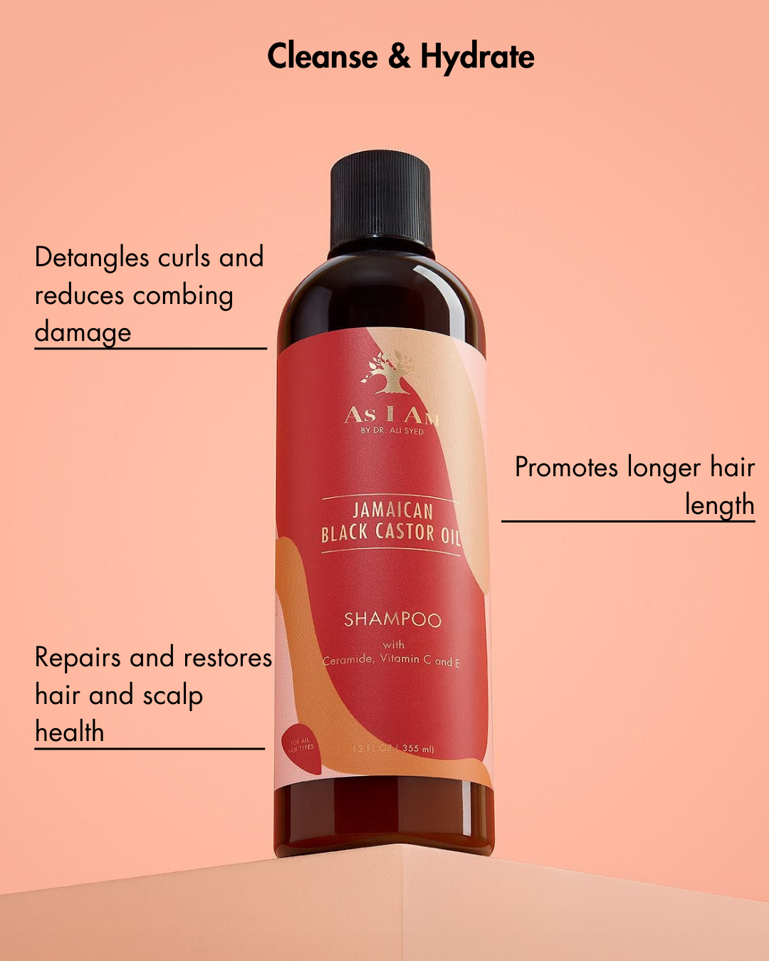 Bouteille de shampoing avec texte sur fond de pêche