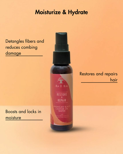 Bouteille de As I Am Restore & Repair Jamaican Black Castor Oil Water sur un fond dégradé