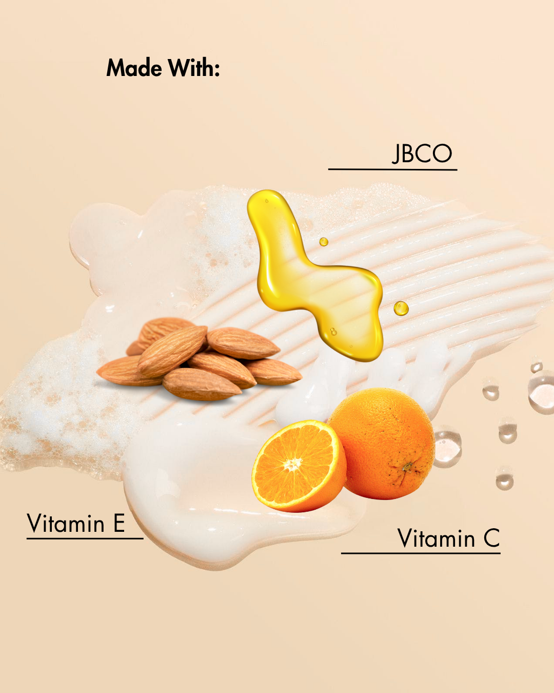 Ingrédients du produit comprenant des amandes, des oranges et un liquide jaune étiqueté "JBCO" sur un fond beige.
