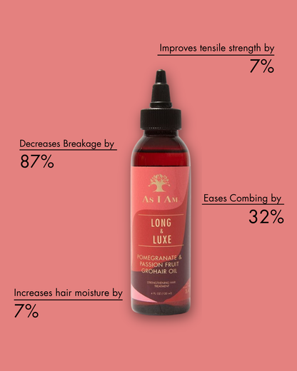 Flacon de produit capillaire "As I Am Long & Luxe" avec texte sur fond rose