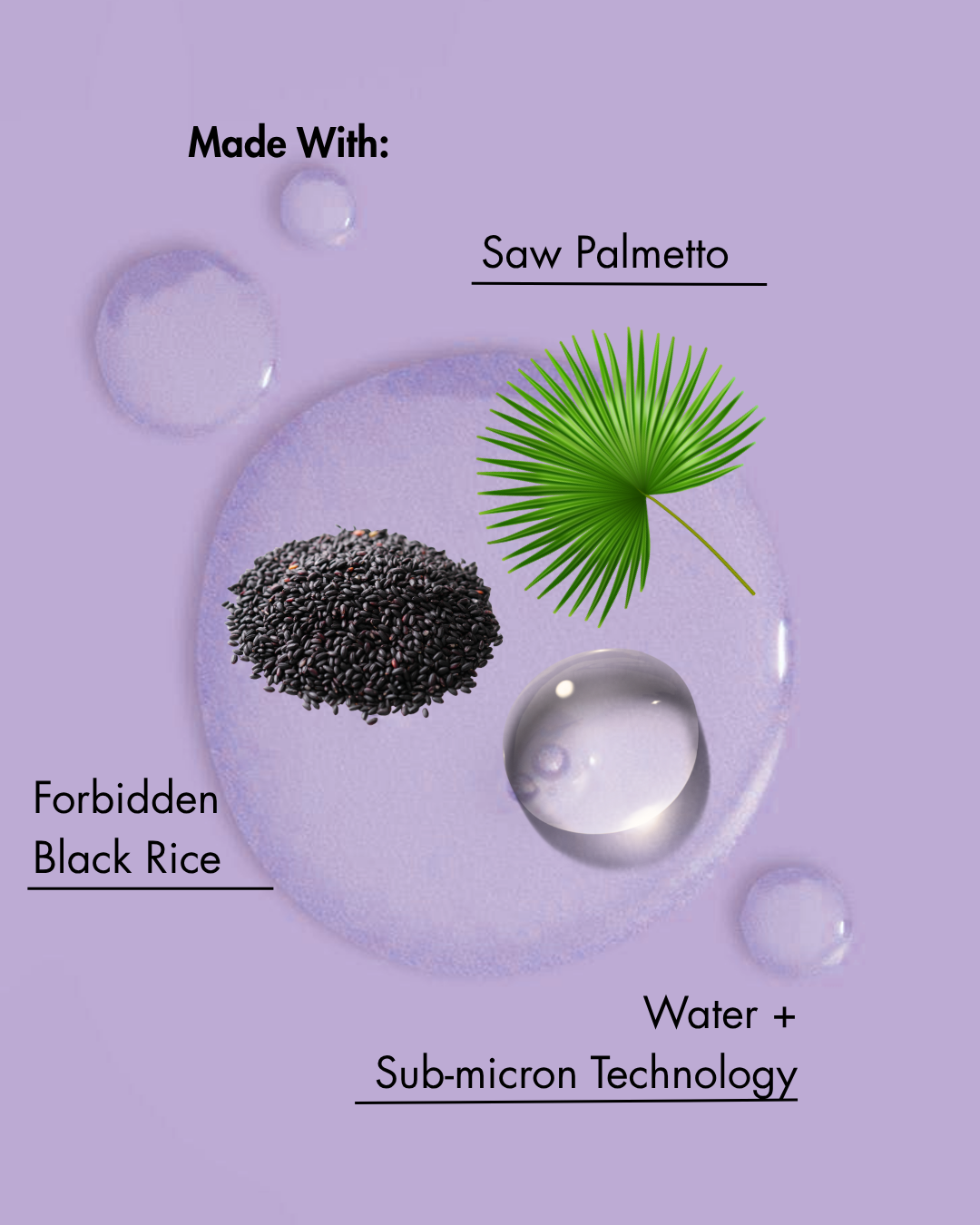Ingrédients utilisés dans un produit sur un fond violet avec des gouttes d'eau.