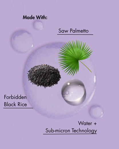 Ingrédients utilisés dans un produit sur un fond violet avec des gouttes d'eau.