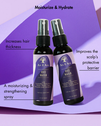Deux bouteilles d'eau de riz en spray "As I Am" sur fond violet avec un texte sur les bienfaits des soins capillaires.