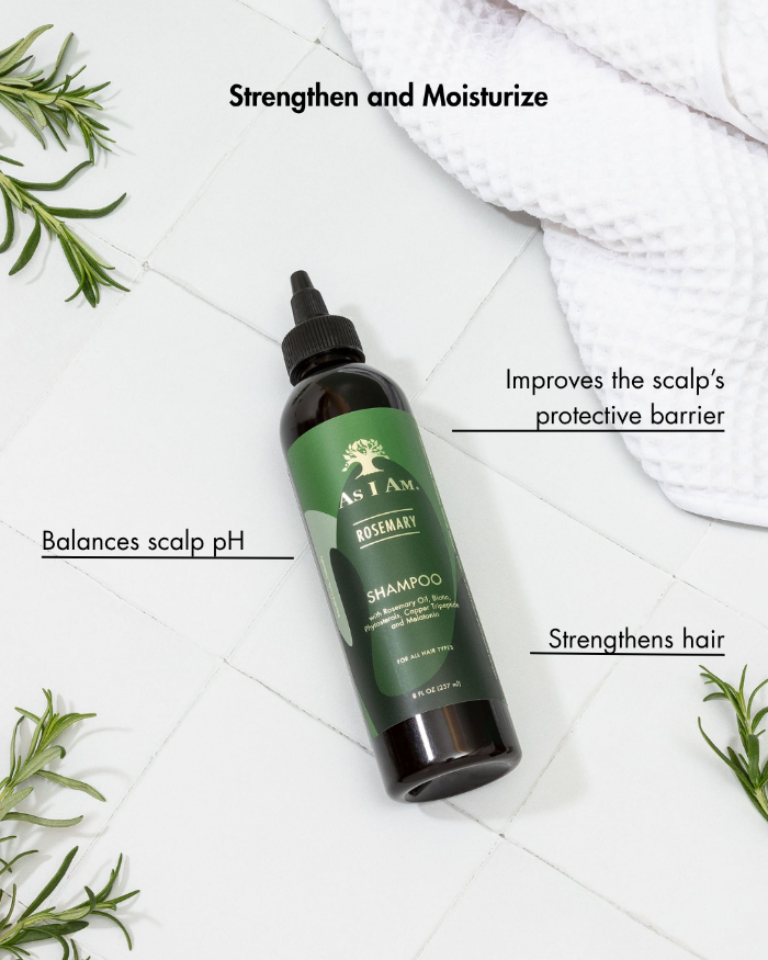 Flacon de shampoing au romarin As I Am avec texte soulignant les avantages sur fond blanc