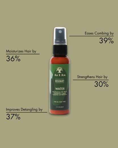 Bouteille d'eau de romarin As I Am avec texte sur les bienfaits sur fond beige