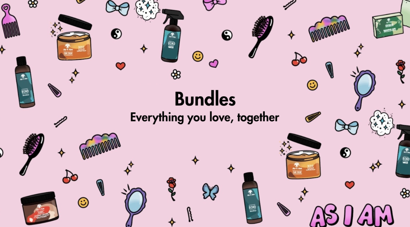 Fond rose avec divers produits de beauté et la marque « AS I AM ».