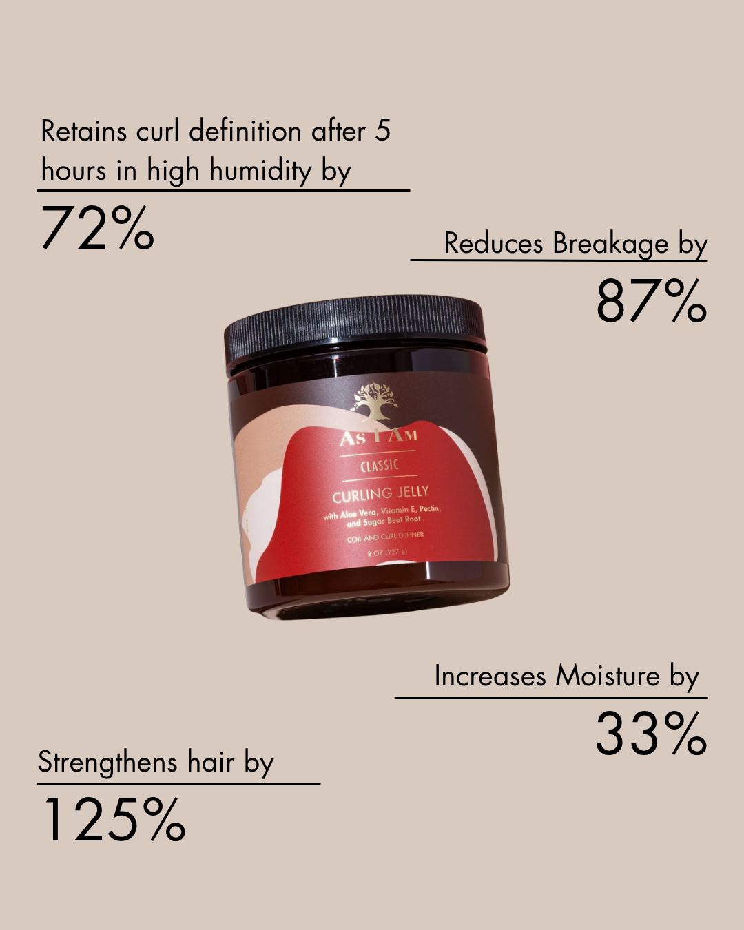 Pot de produit capillaire avec texte sur fond beige