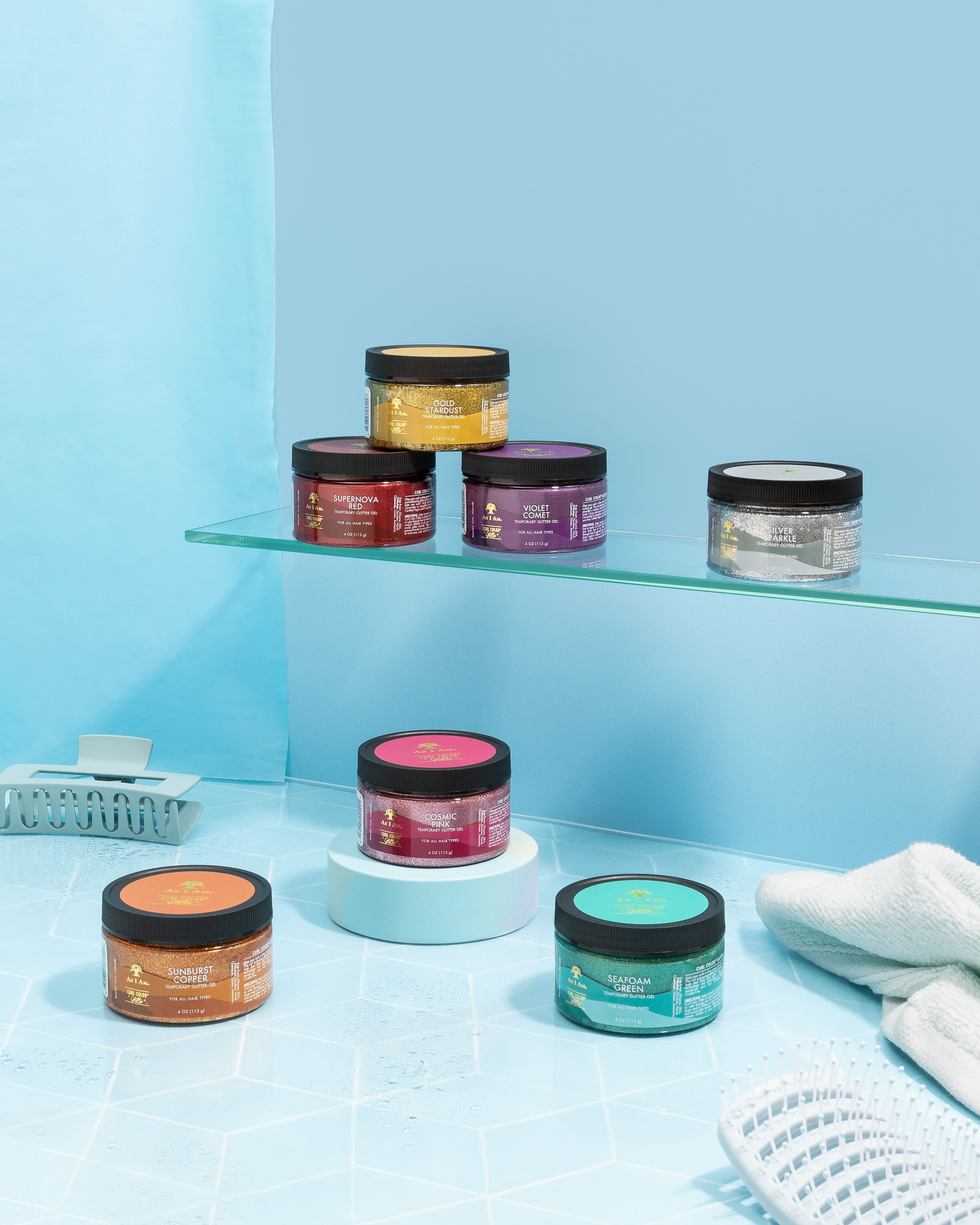 Curl Color Glitter Collection de As I Am, qui propose des colorations temporaires vibrantes avec un fini pailleté.