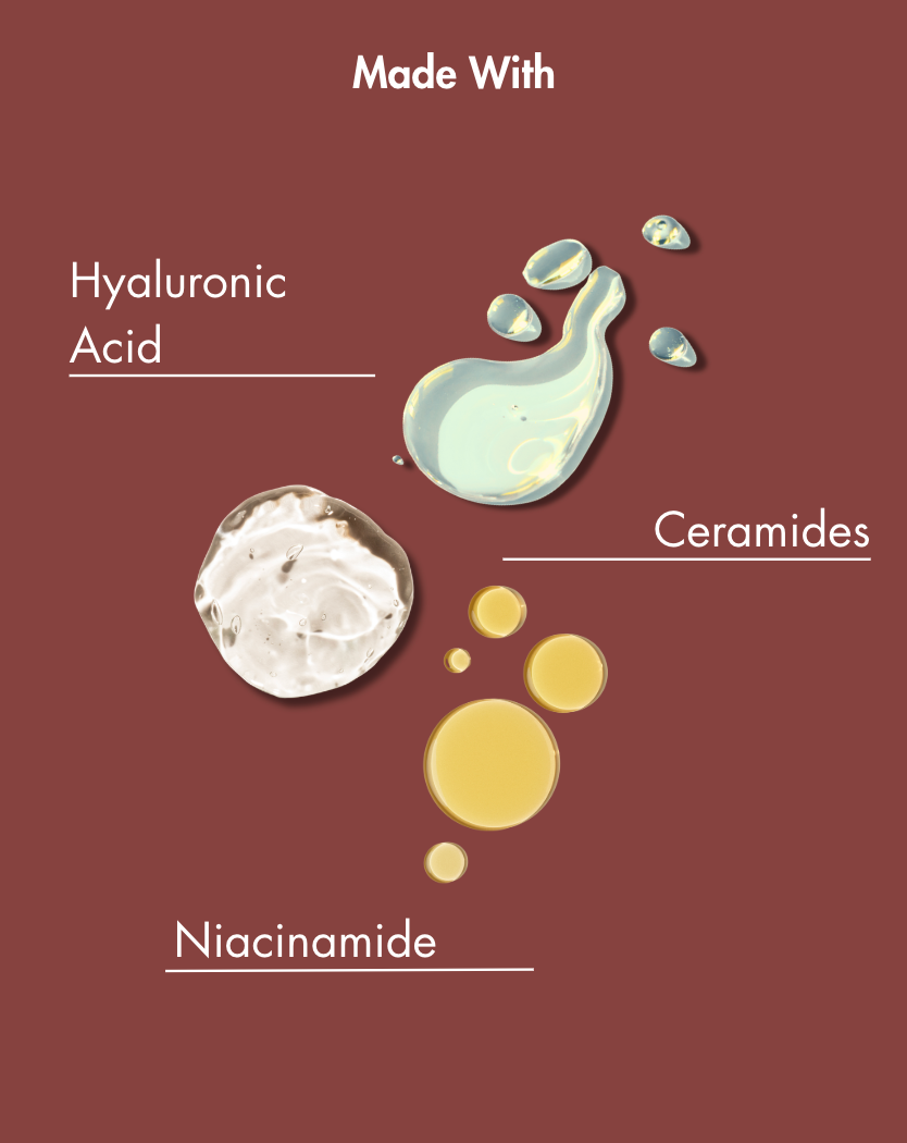 Illustration des ingrédients utilisés dans les soins de la peau, notamment l'acide hyaluronique, les céramides et la niacinamide, sur fond marron.