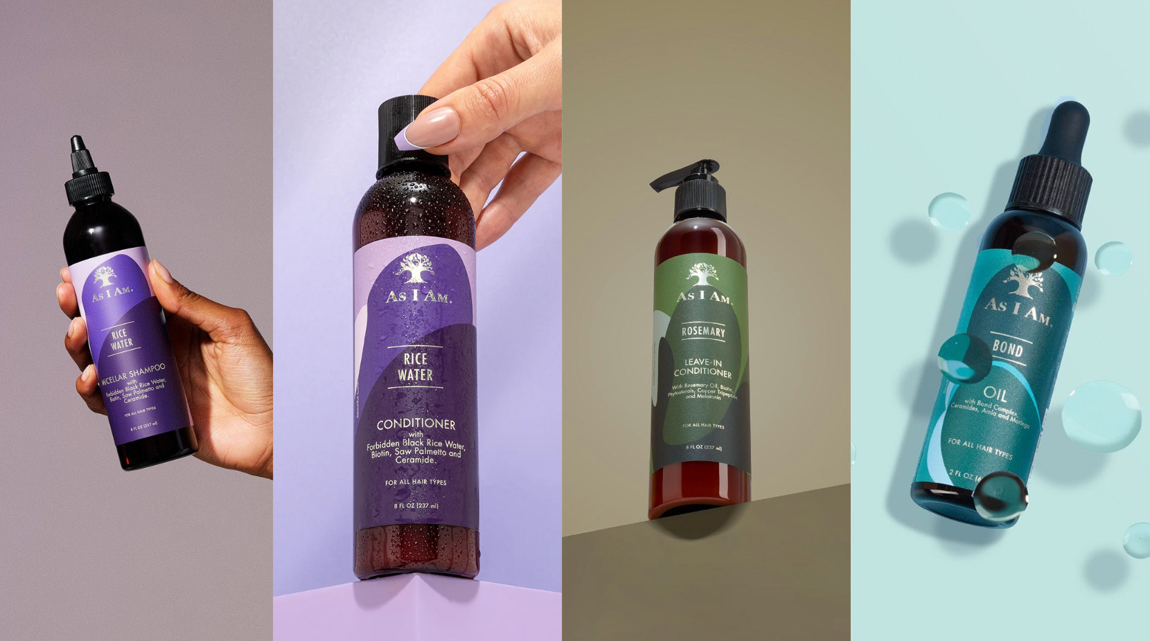 Gamme de produits capillaires comprenant shampooing, après-shampooing et huile.