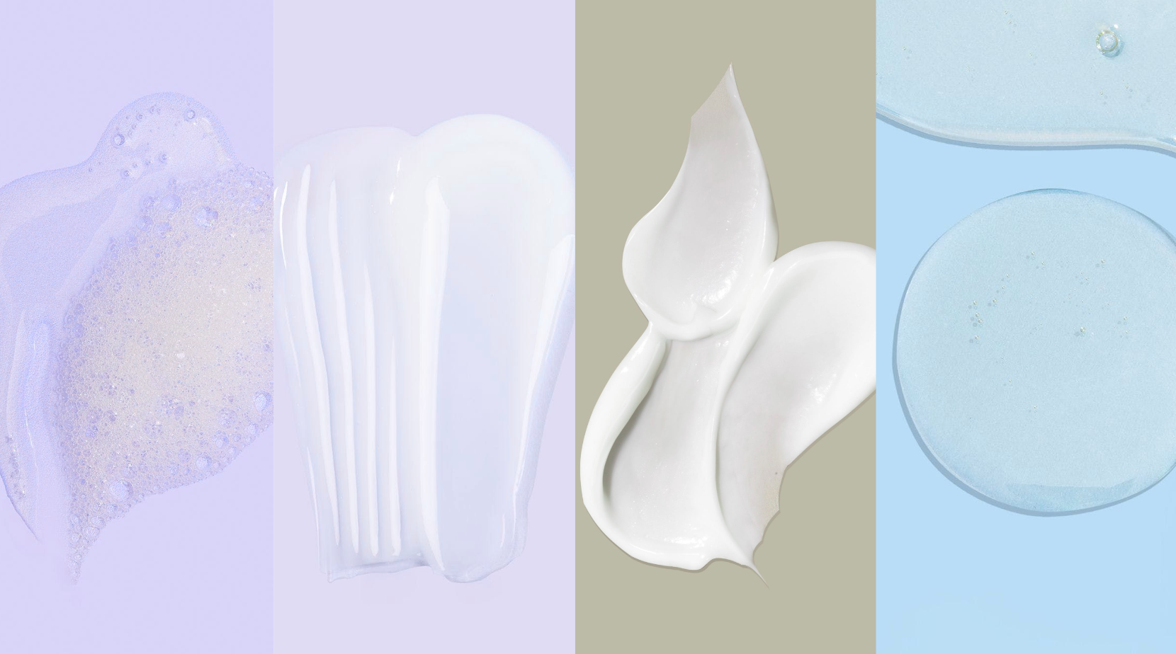 Gros plan sur une crème ou une lotion blanche sur une surface texturée avec un fond violet clair