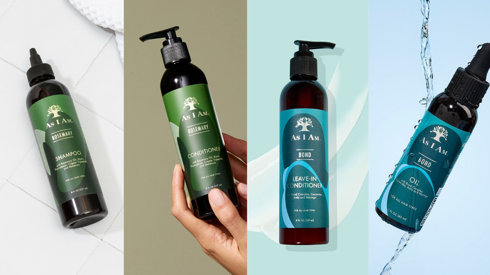 Ensemble de produits capillaires comprenant un shampooing, un après-shampooing et une huile, avec une marque visible sur fond neutre.