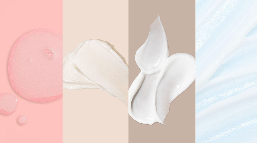 Collage de crème blanche ou de lotion avec des bulles roses sur fond beige