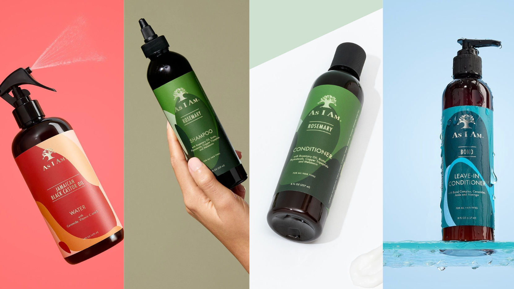 Collection de produits capillaires As I Am comprenant un vaporisateur, un shampooing, un après-shampooing et un flacon sur un fond coloré.