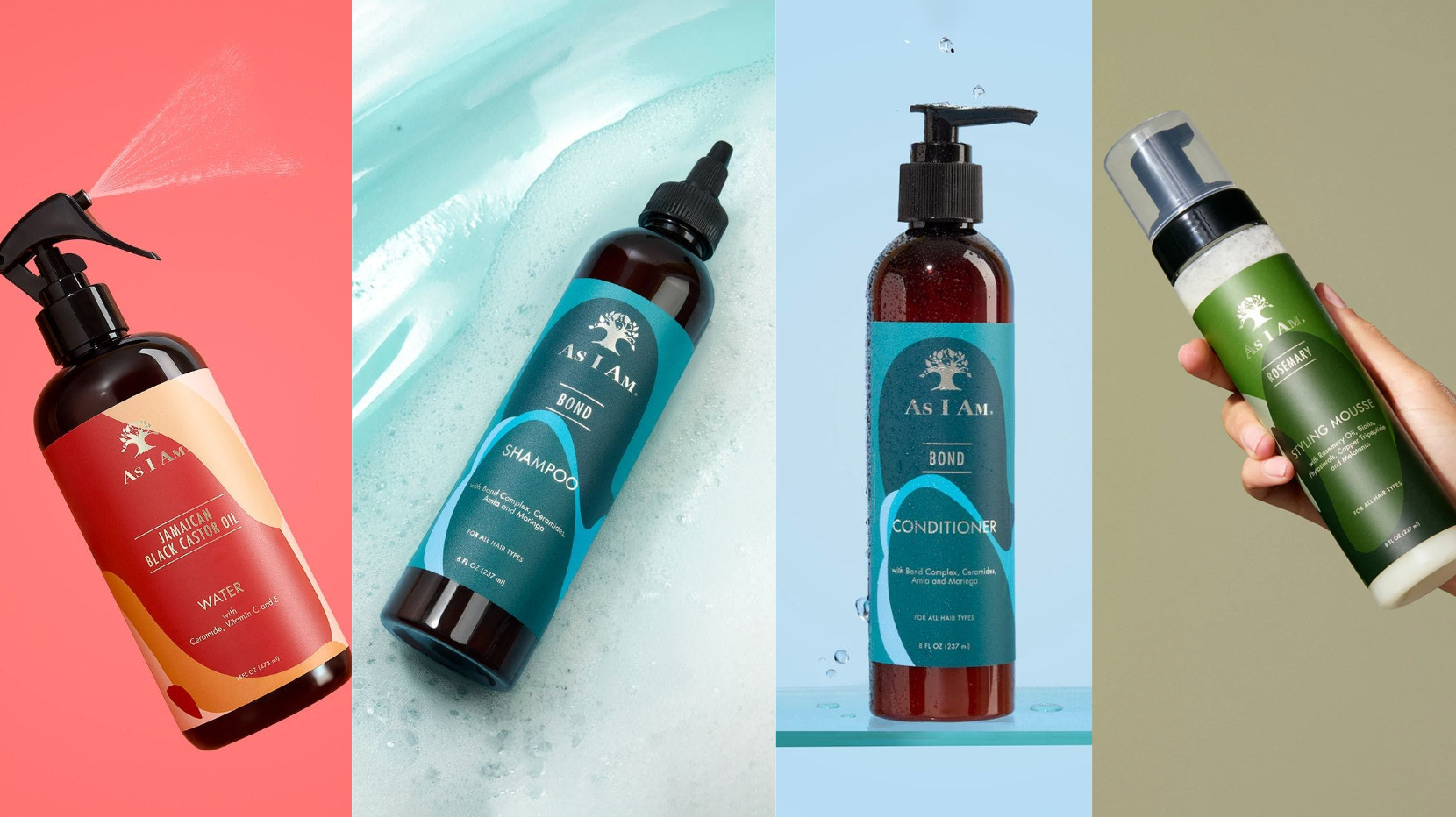 Collection de produits capillaires As I Am sur fond coloré