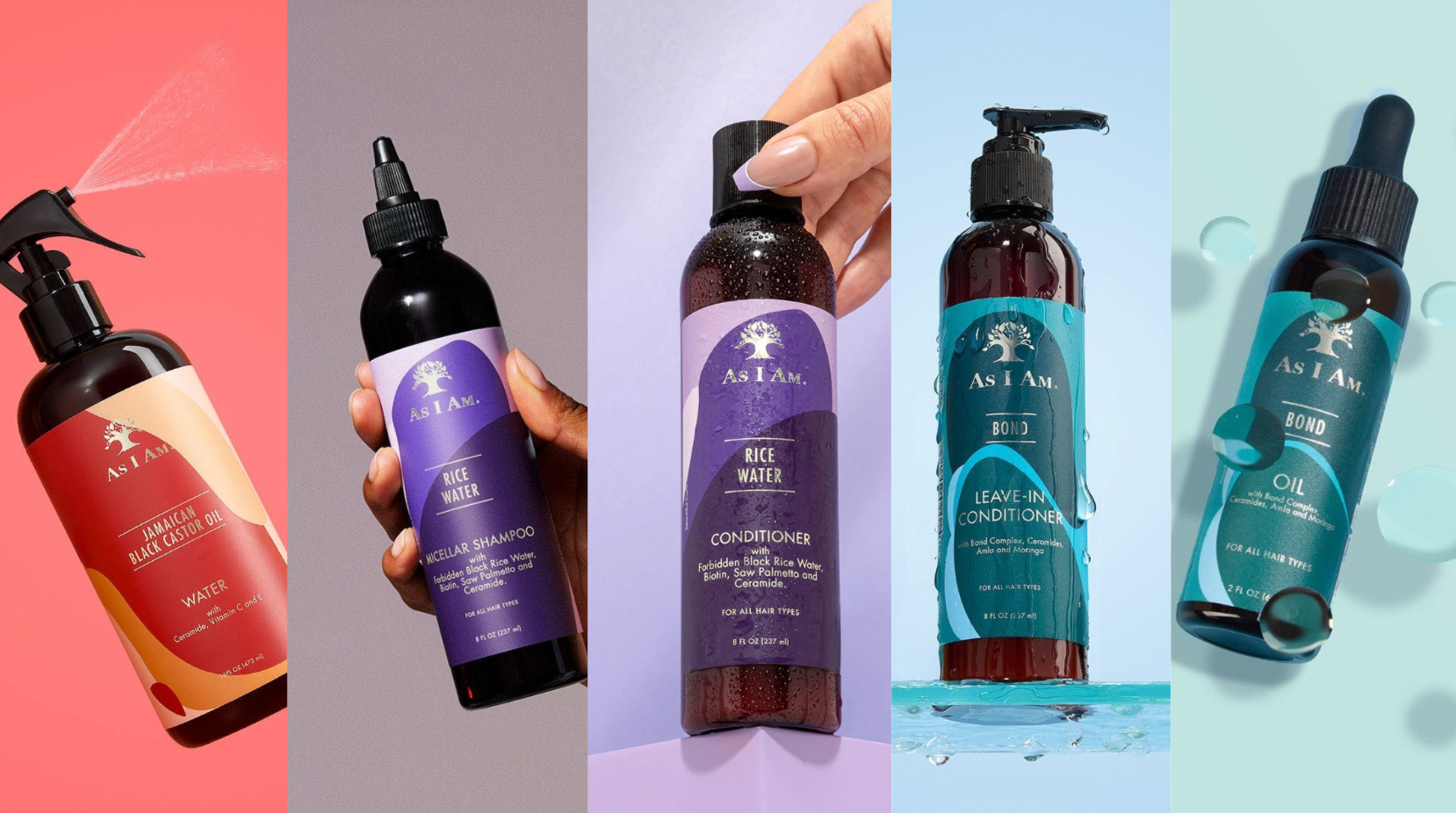 Collection de produits capillaires As I Am sur fond coloré