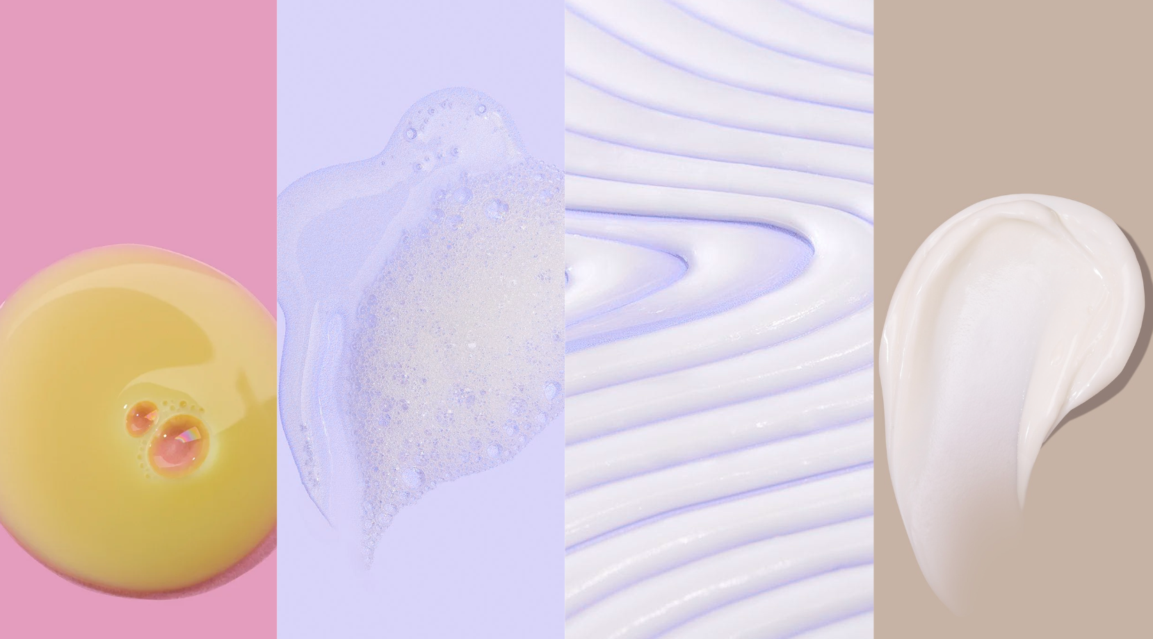 Collection de différentes textures et couleurs de crème ou de savon sur un fond uni