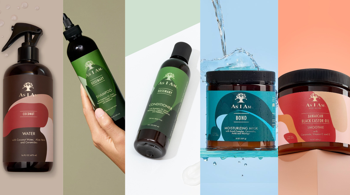 Collection de produits capillaires, notamment des flacons et des pots, sur fond de collage.