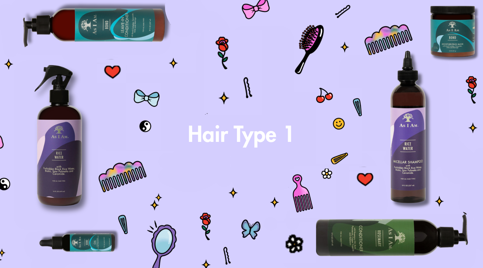 Collection de produits capillaires avec illustrations sur fond violet