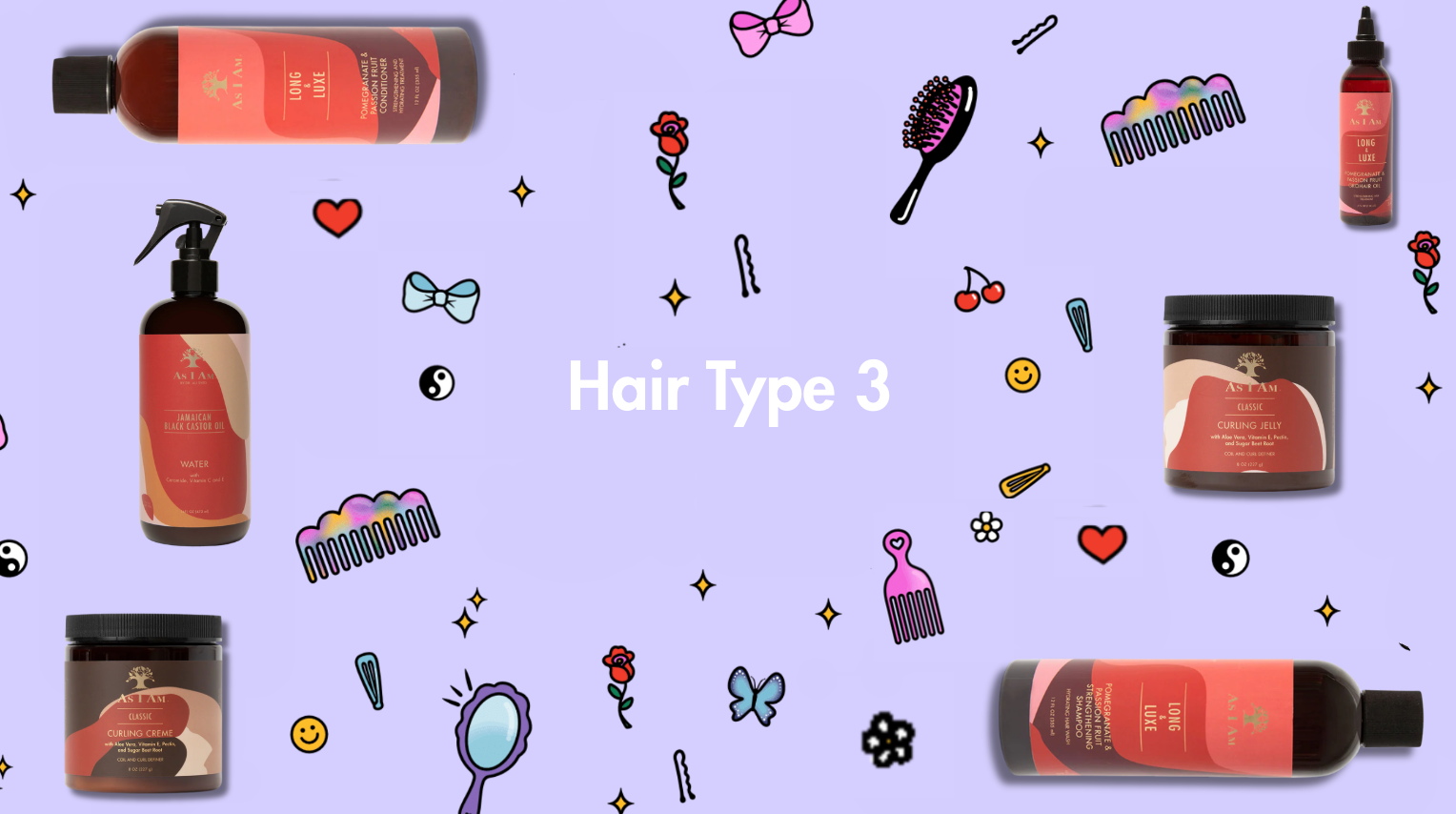 Collection de produits capillaires avec illustrations sur fond violet, étiquetés « Type de cheveux 3 ».