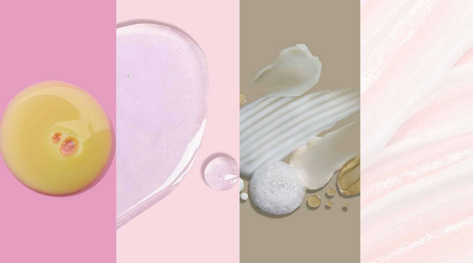 Collage de produits et d'accessoires de soins de la peau sur fond rose et beige