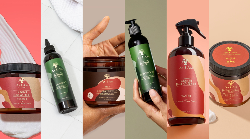 Collage de produits capillaires as i am, notamment shampooings, après-shampooings et masques capillaires.