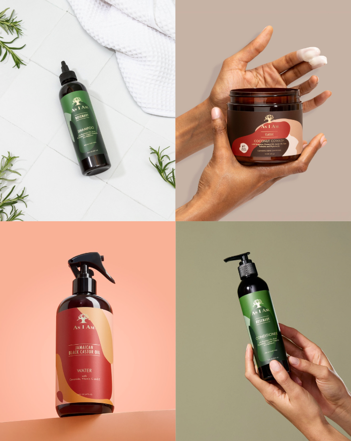 Quatre images de produits de soins capillaires as i am sur différents arrière-plans