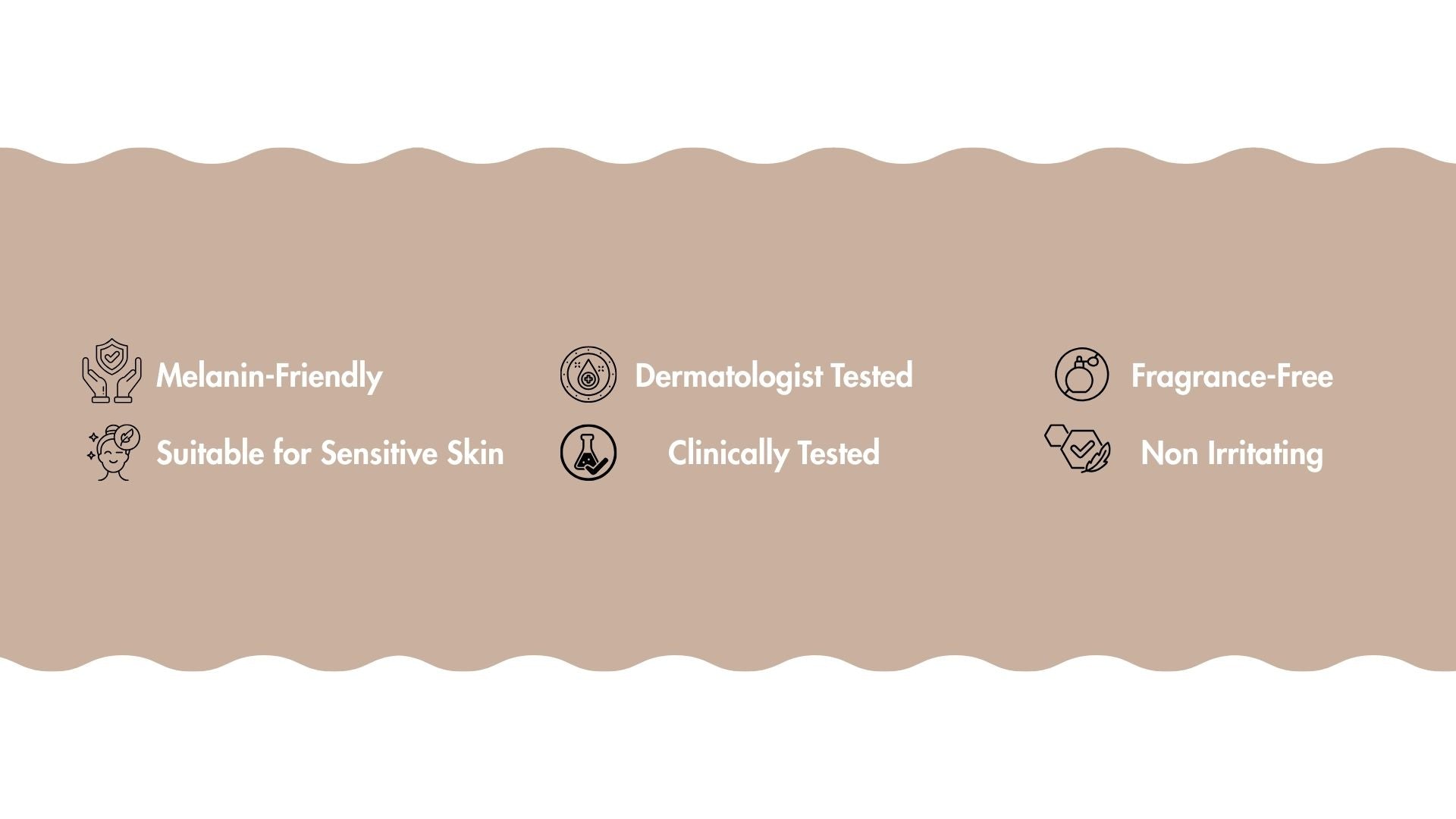 Bordure beige avec icônes et texte indiquant les caractéristiques du produit sur fond blanc