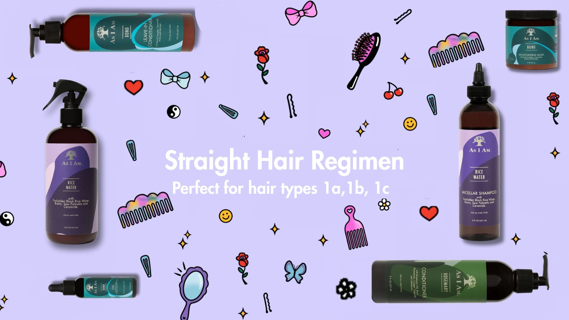 Produits de soins capillaires avec illustrations sur fond violet