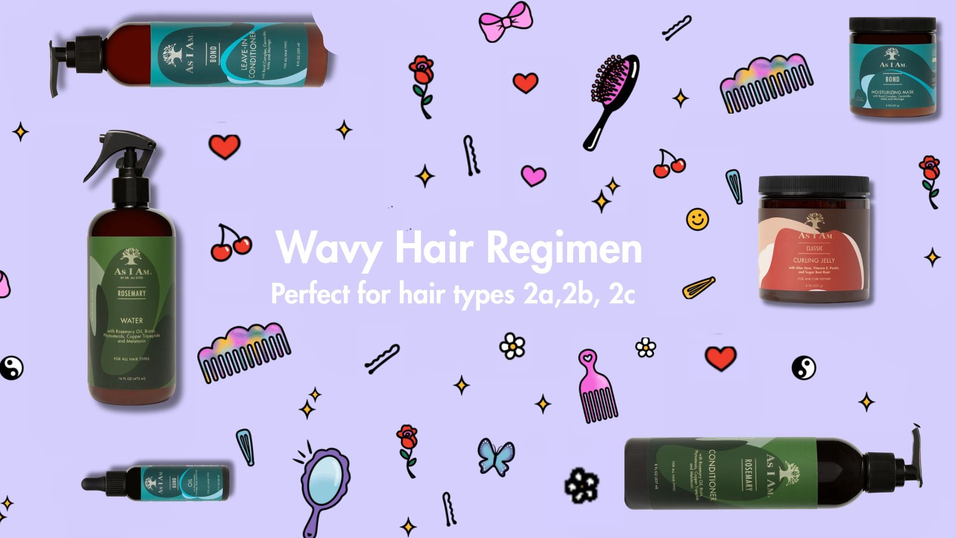 Produits Wavy Hair Regimen sur fond violet avec icônes de soins capillaires.